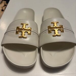 Tory Burch White Leather Slide Sandals with Gold Logo size 7.5